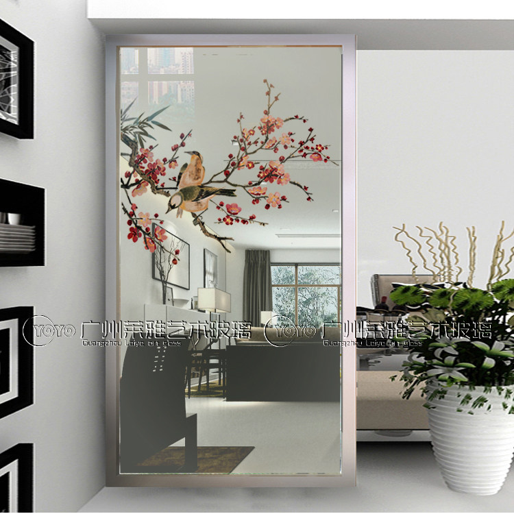 Art Glass Genguan Partition Screen Living-room Background Wall Moving Door Modern Transparent Shoe Cabinet Jade Lan Peach Blossom Magpie