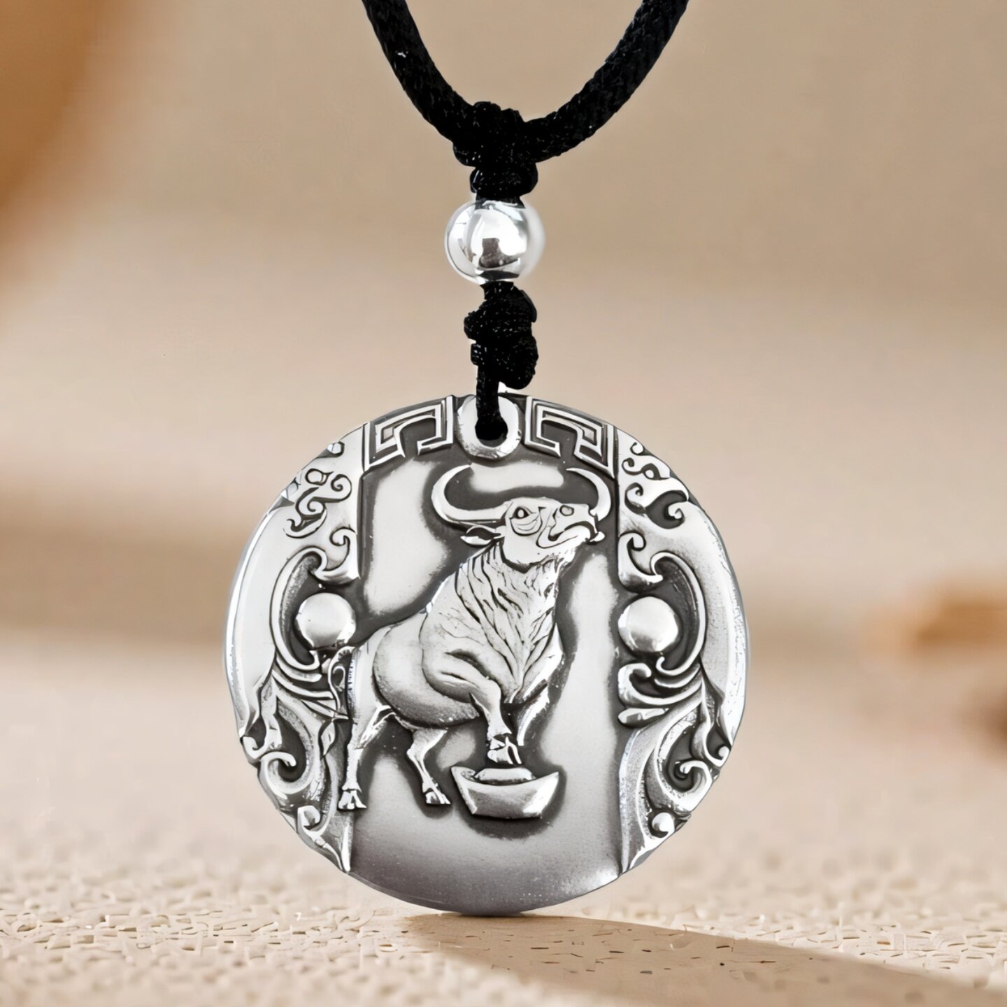 牛のペンダント、999純銀ネックレス、干支の牛、幸運の牛年、シルバーの丸型キーホルダー。