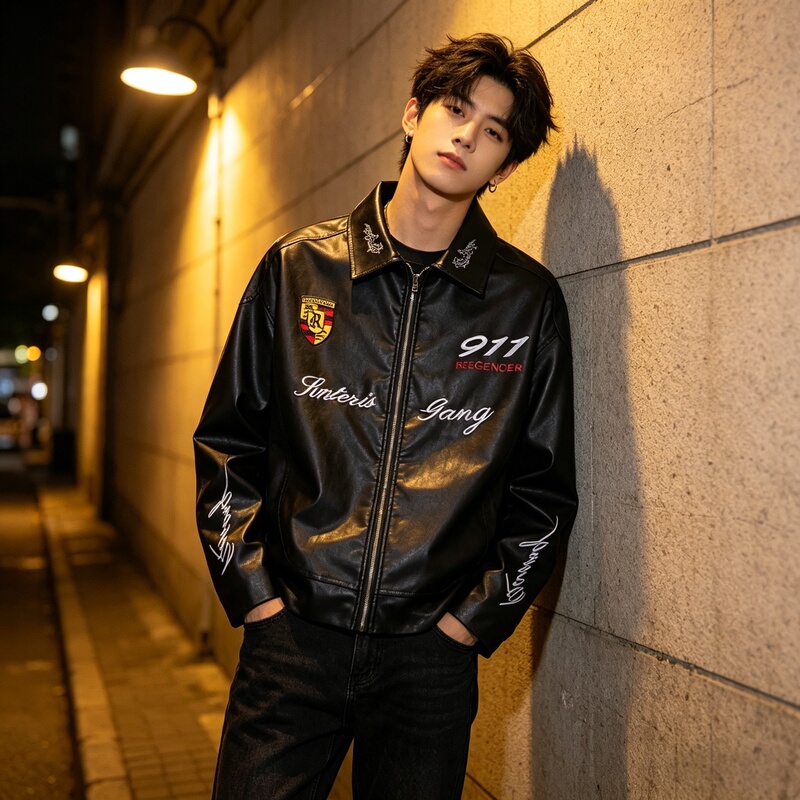 American-Style Motorcycle Jacket with Heavy Embroidery, Leather Jacket for Men, Spring and Autumn, Visual Style, Short Pu Leather Jacket, Trendy