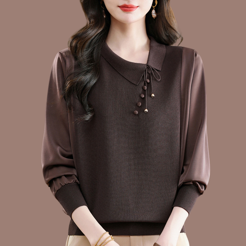2026 Spring Stylish Lapel Knit Sweater for Middle-Aged Women, New Loose Fit, Tummy-Concealing, Long-Sleeve T-Shirt Top