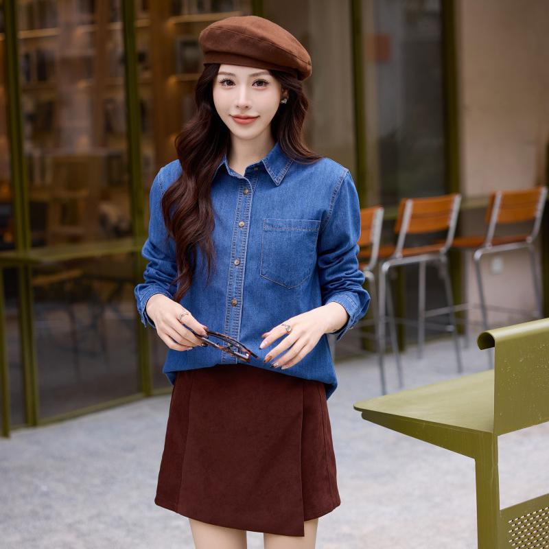 Retro Hong Kong Style Washed Denim Shirt for Women, Autumn and Winter Layering, New Loose Shoulder-Length Top Jacket for Spring and Autumn