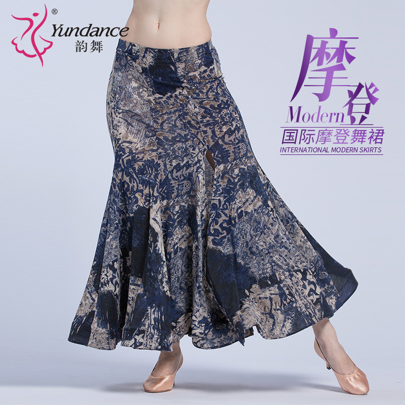 Rhyme dance modern dance practice dress Printed women's practice dress High split large swing adult slim national standard social dance dress