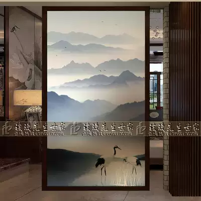 Art glass entry screen partition entrance porch background wall living room shoe cabinet deep carving modern Chinese landscape painting