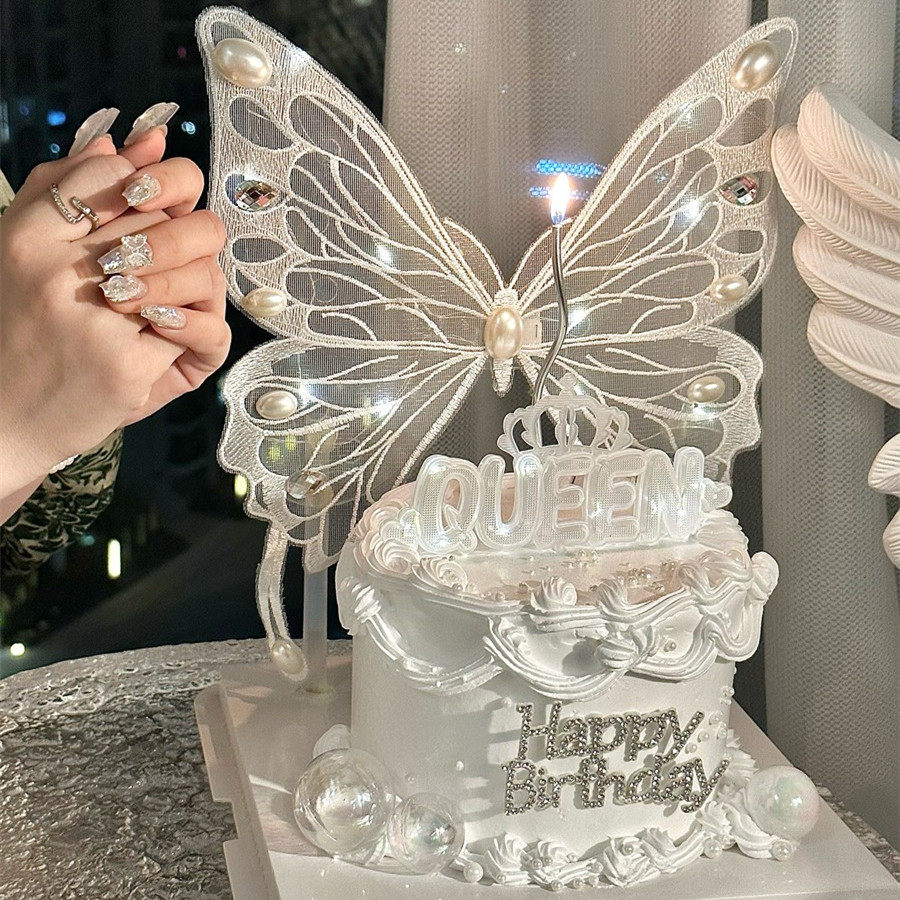 Fruit jam baking glowing embroidered butterfly cake decorated with lamp white baking piece red plugin female