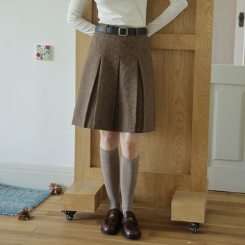Retro wool blended plaid high waisted woolen skirt women's autumn and winter college style slim a-line pleated skirt