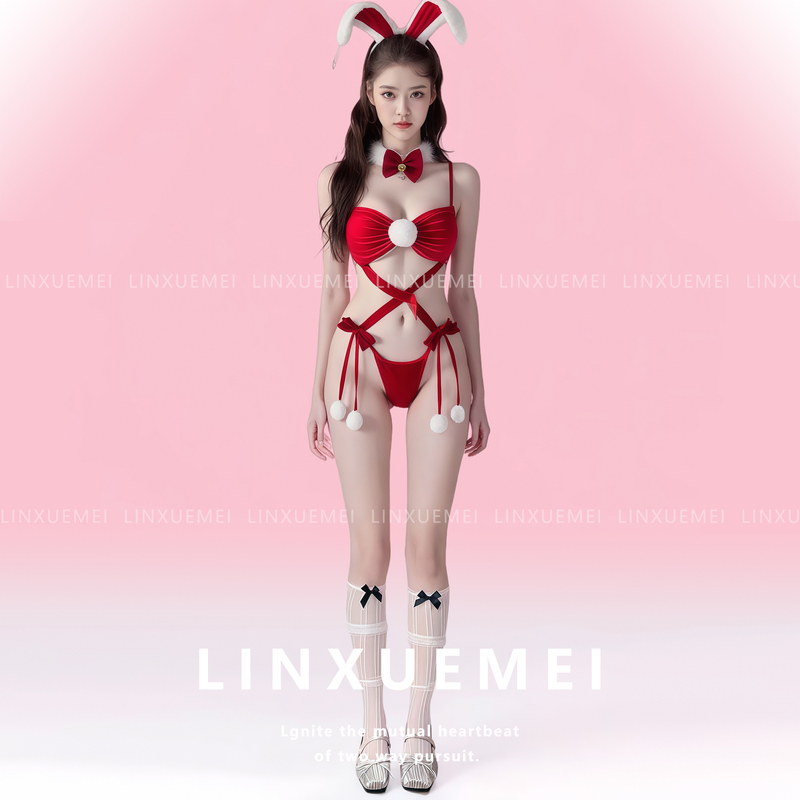 Jiaojian Outstanding* Christmas Bunny Girl Jumpsuit Red Strap Three-Point Style Fur Ball Cosplay