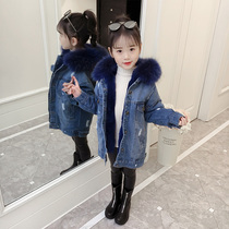 Girls denim jacket cotton coat mid-length cotton suit quilted jacket 2020 new childrens clothing plus velvet thick foreign style girl