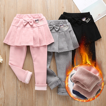 Girls leggings plus velvet culottes fake two 2021 autumn and winter childrens Western style outer wear pants pure cotton girls trouser skirt