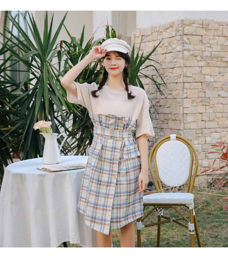 VK旗艦店 韓國學院風格子拼接收腰繫帶格紋短袖洋裝