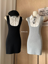 (WGWE) Fake two-piece spliced ​​polo collar sleeveless tight-fitting contrasting color temperament waist-hugging dress