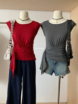 (WGWE) Pleated tie round neck sleeveless slim fit design hot girl chic short top sweater