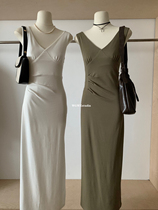 (WGWE) Korean style slim and sexy V-neck slit vest dress