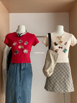 (WGWE) Sweetheart Dopamine sweet and spicy printed short-sleeved waist slim-fitting short-sleeved T-shirt