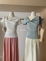 (WGWE) Irregular design off-the-shoulder versatile pleated slim-fitting short-sleeved T-shirt 8989# LKZ