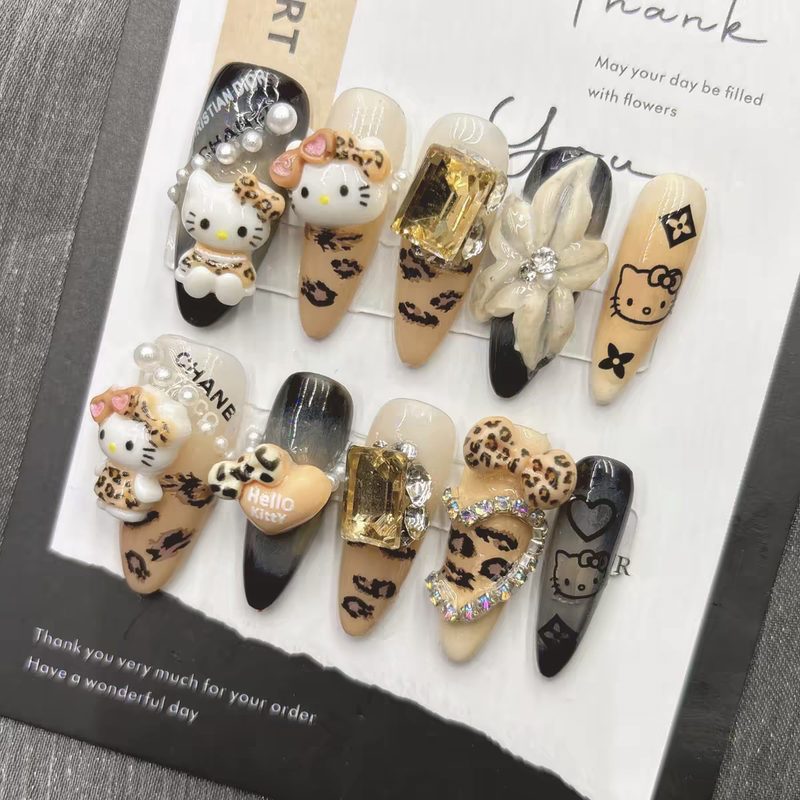 Sweet and Cool Leopard Print Hello Kitty Cat-Themed Nail Art Handmade Press-On Nails, Melard Blackened Kitty Cartoon Medium-Length Style