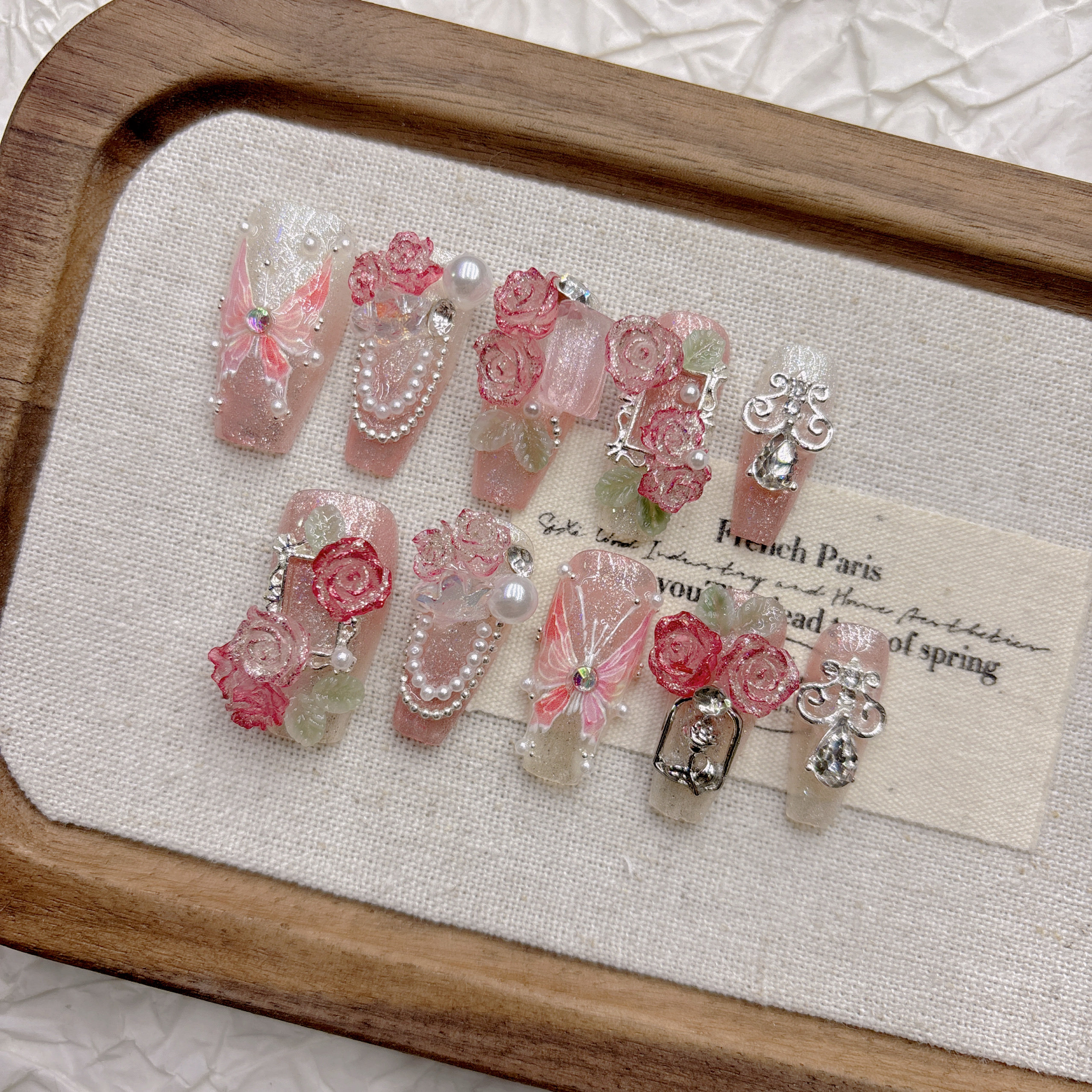 Pink butterfly handmade armor French gentle high-end niche white 2026 new medium and long models — wholesale press on nails detail view 2