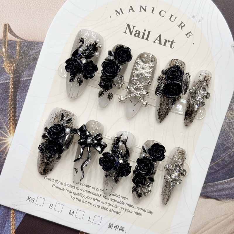 Dark Black Style Sweet and Cool Girl Y2K Support Nail Art Handmade Wearable Nails High-End Complexion-Enhancing 2026 Mid-Length Style Dark Black Style Sweet and Cool Girl Y2K Support Nail Art Handmade Wearable Nails High-End Complexion-Enhancing 2026 Mid-Length Style