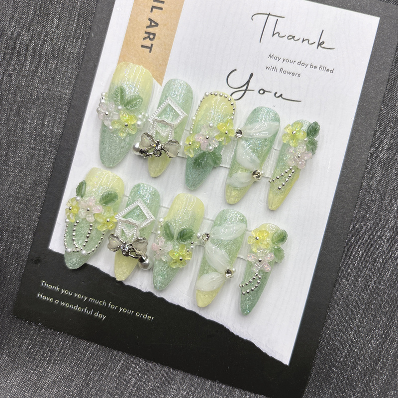 Purely Handmade Wearable Nails, Olive Green Frame Gradient Manicure Finished Product, High-End Fake Nails, Short, Medium and Long Styles