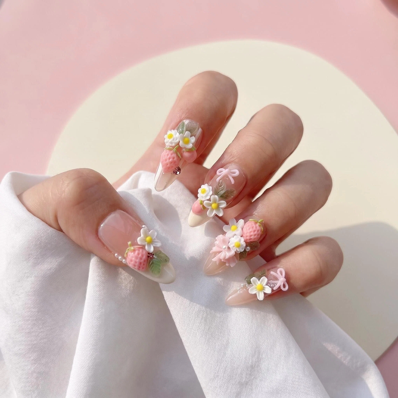 Pink Strawberry 3D Flower Handmade Wearable Nails Cute Sweet Cool Manicure 2025 New Year New Product Medium-Long Style Pink Strawberry 3D Flower Handmade Wearable Nails Cute Sweet Cool Manicure 2025 New Year New Product Medium-Long Style