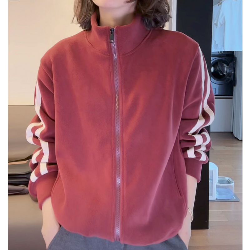 De Rong Half-High Collar Two-Stripe Zipper Jacket for Women, Loose Fit, Covers the Body, Korean Style, Casual, Versatile Pocket Sweatshirt