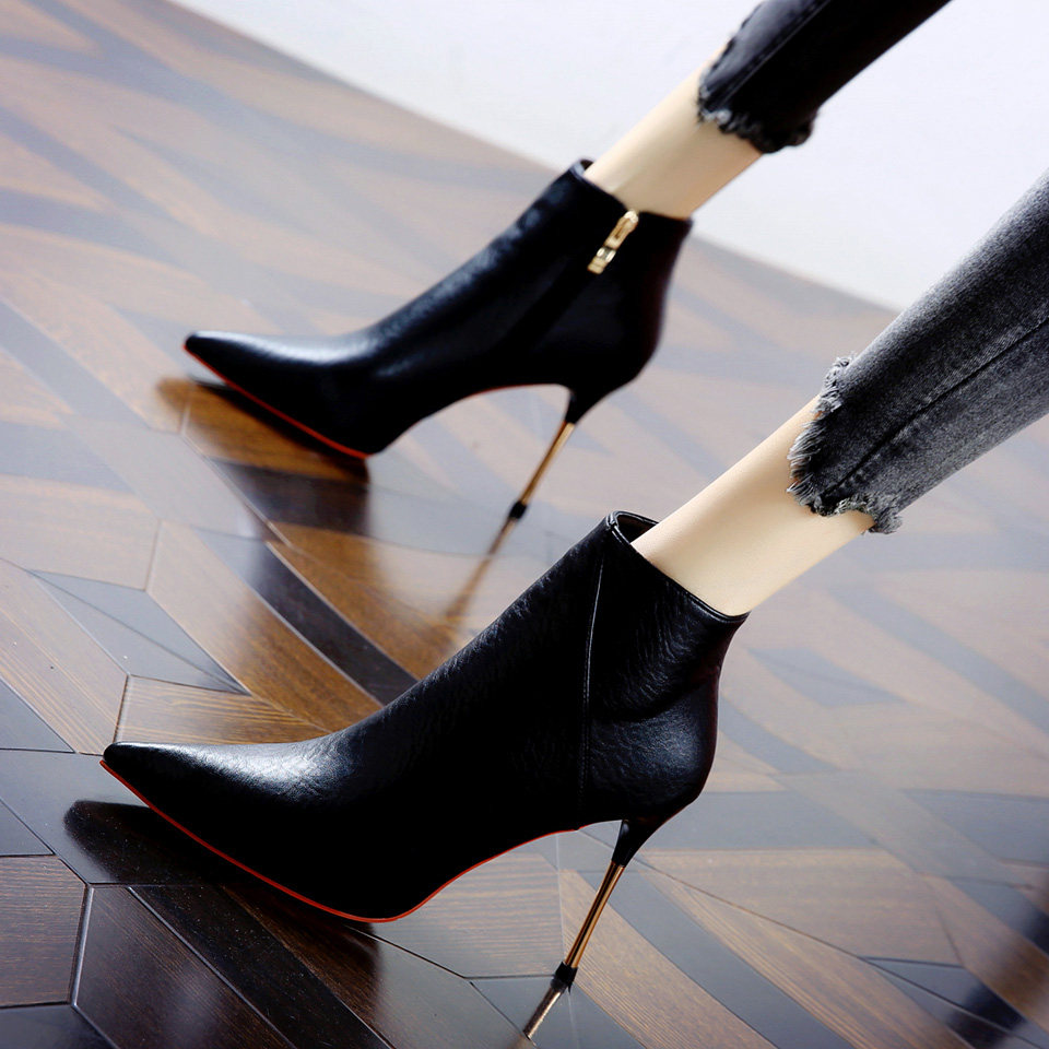 Hong Kong European And American Banquet Side Laced High Heel Short Boots Woman 2021 Winter New Brief Boots Slim with Martin Boots Woman