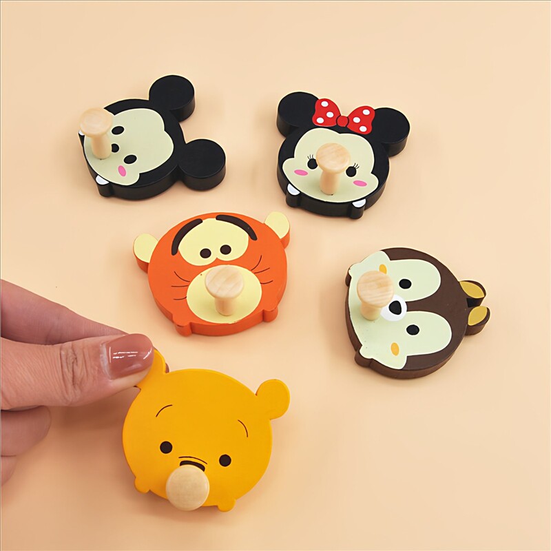 Hand-Painted Wooden Cartoon Animal Home Decoration Daily Use Key and Mask Hook Creative No-Drill Adhesive Hook Set of 5