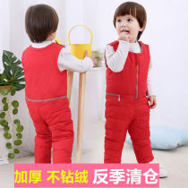 Childrens down back with trouser thickened infant baby Winter one-piece trousers male and female child cotton pants open to warm outwear