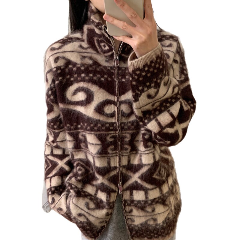 Fair Isle Jacquard Brushed Cashmere Wool Sweater Women's Loose Stand-Up Collar Zipper Jacket Retro Jacket Cardigan Autumn and Winter