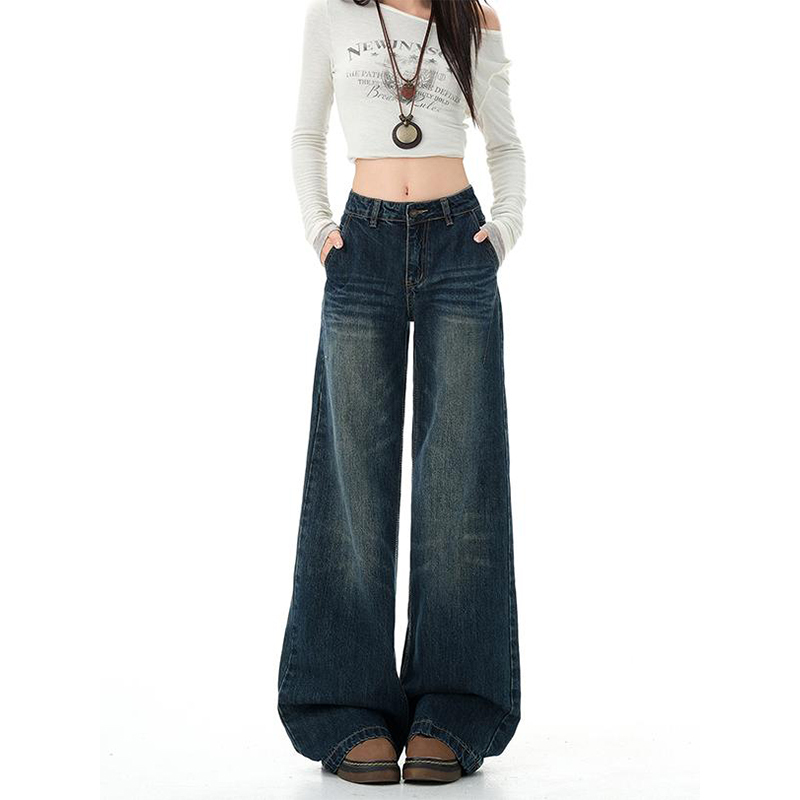 Retro Dark Blue Straight-Leg Jeans for Women 2026 Early Autumn New Style Pear-Shaped Body Loose Slimming Wide-Leg Floor-Length Pants