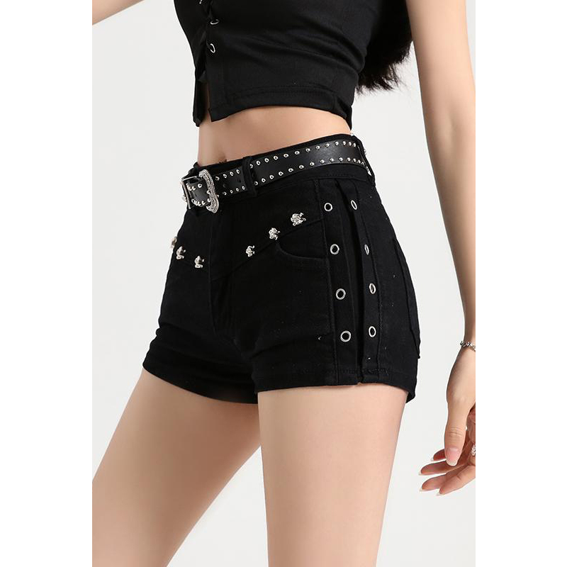 Black Personalized Studded Denim Shorts for Women, Summer 2026 New Style, Stretchy, Hip-Hugging, Low-Waisted A-Line Hot Pants