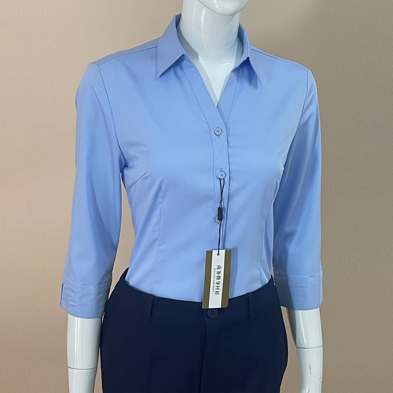 Light Blue Stretchy V-Neck Three-Quarter Sleeve Shirt for Women, Spring and Autumn Professional Workwear, Office Uniform, Stylish Waist-Cinching Blouse