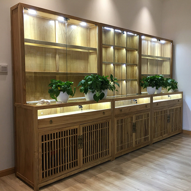 New Chinese style solid wood display shelf old elm glass display cabinet jewelry tea set ceramic tea display counter