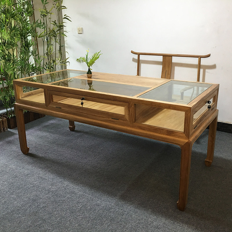 New Chinese jewelry display cabinet solid wood jewelry counter cash register handmade jade ware paint-free old elm glass display cabinet