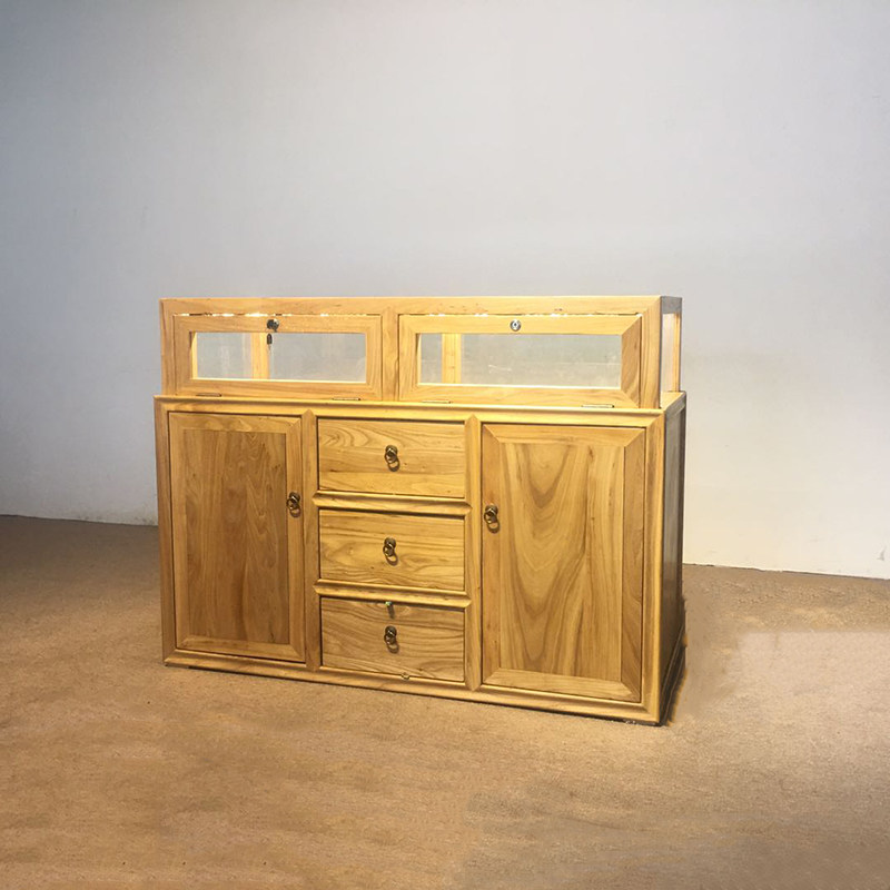 Modern boutique jewelry display cabinet paint-free old elm wood display cabinet jade glass cabinet new Chinese style solid wood jewelry counter