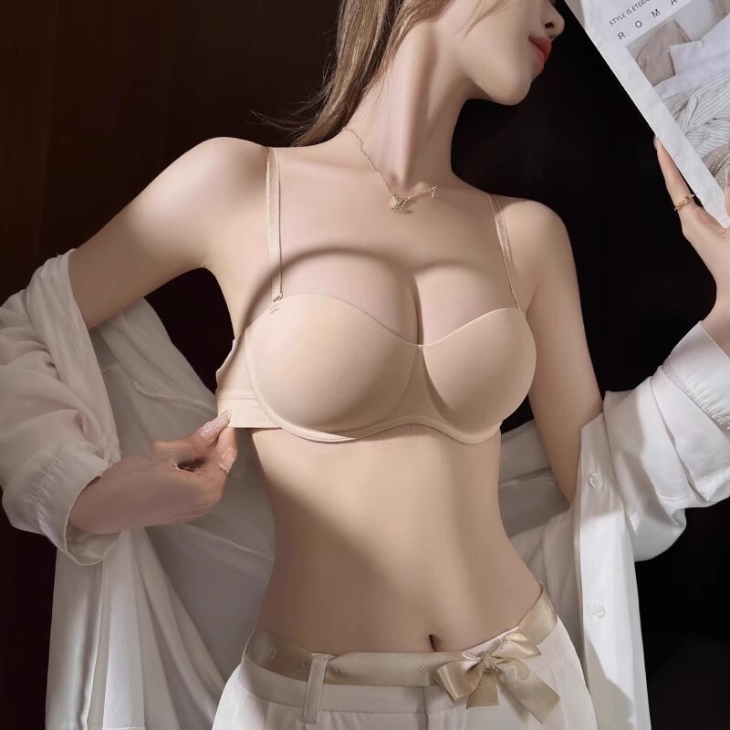 Victoria Seamless Underwear for Women with Small Busts, Push-Up, Anti-Sagging, Sexy Half-Cup, Enhancing, Nude Color, Invisible Bra Set