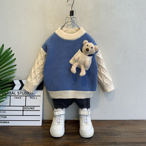 Boys sweater pullover autumn and winter mink velvet 2021 childrens thread clothes childrens knitwear baby bottoming Joker tide