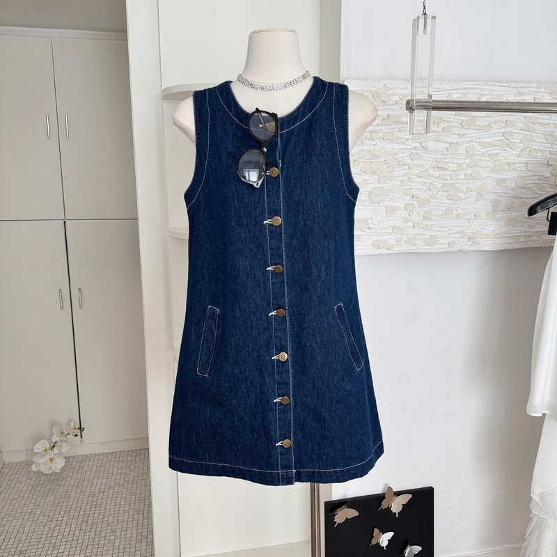 Just Kids Denim Vest Dress Single-Breasted Retro Stylish Slightly Cinched Waist Sleeveless Dress for Women