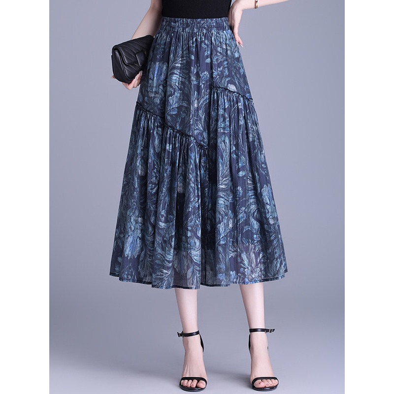 Fashionable Printed Skirt for Women, Summer Thin Style, 2026 New Model, Elegant and Age-Reducing, Hip-Covering, High-Waisted, Slimming A-Line Skirt