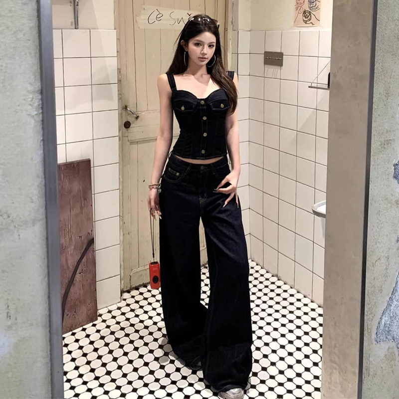 Fashion Suit Retro Camisole Women's Summer High-Waisted Jeans Loose Wide-Leg Pants American Style Hot Girl Two-Piece Set Fashion Suit Retro Camisole Women's Summer High-Waisted Jeans Loose Wide-Leg Pants American Style Hot Girl Two-Piece Set