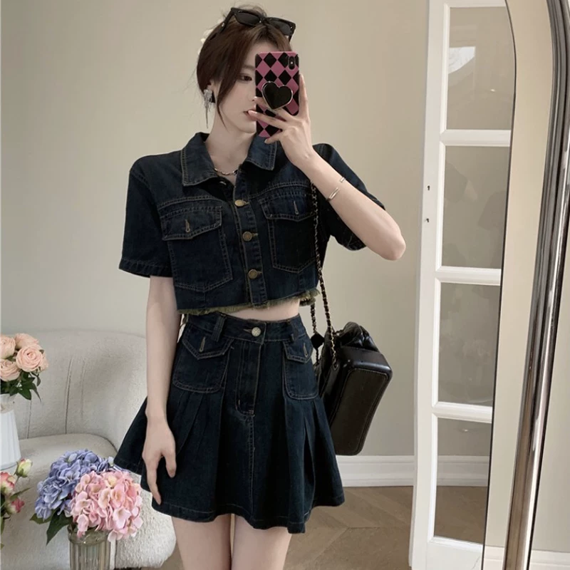 Джинсовый комплект, куртка, летняя короткая универсальная pleated юбка с завышенной талией, корейский стиль