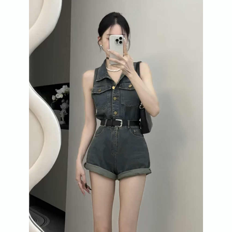 Retro Style Petite Denim Jumpsuit for Women, New Summer Style Sexy Sleeveless Vest Dress, High-Waisted Wide-Leg Shorts