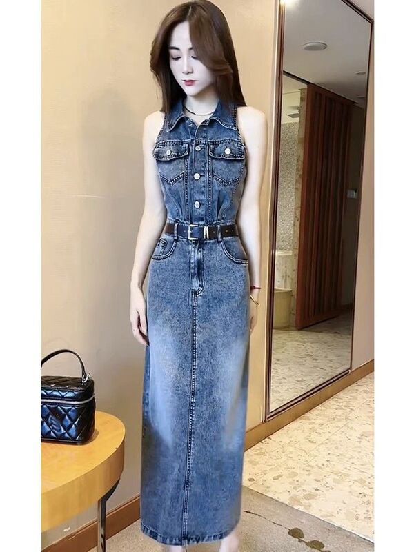 Retro Hong Kong Style Lapel Sleeveless Dress with a Slimming and Versatile Look, Distressed Long Denim Dress for Women, New Summer 2025 Style