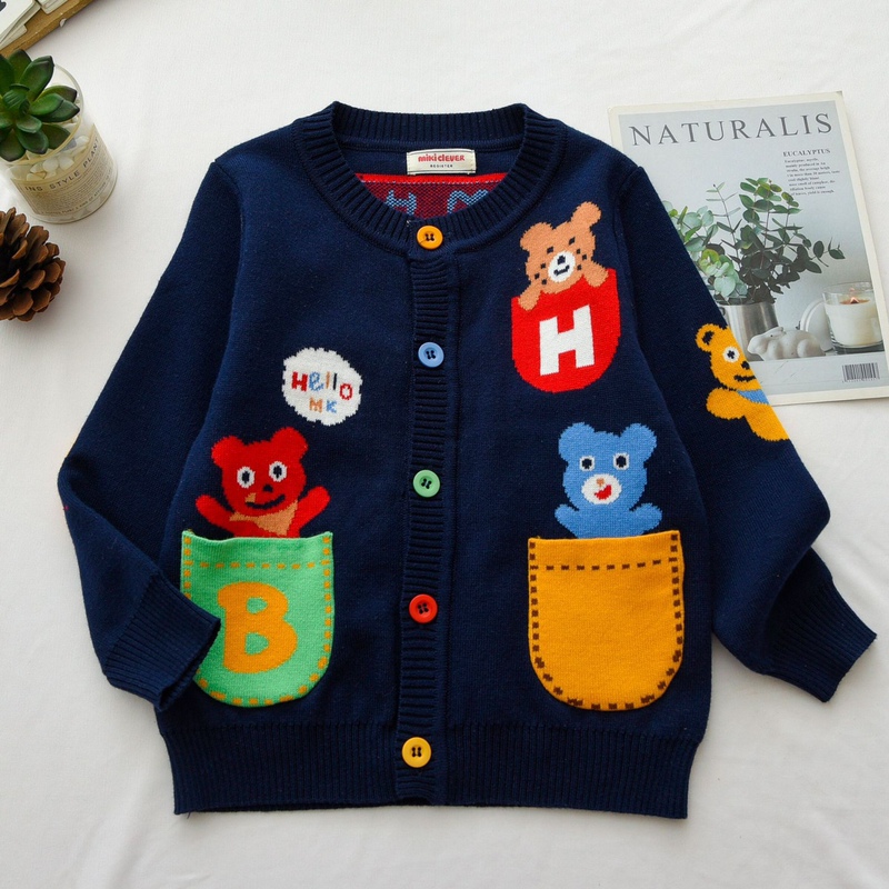 Japanese Style Mikiclever Bear Two-Tone Pocket Knit Cardigan Autumn New Baby Trendy Brand Children's Clothing Double-Layer Sweater