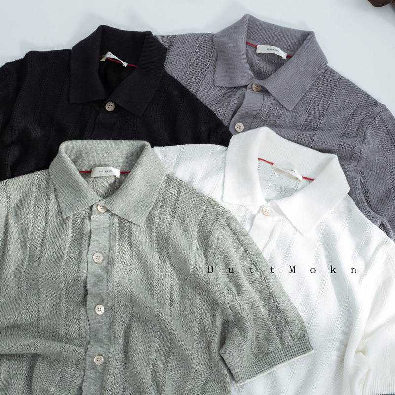 Duttmokn【70%Linen+30%Pimacotton】Bc Style Striped Jacquard Reversible Cardigan Short Sleeves