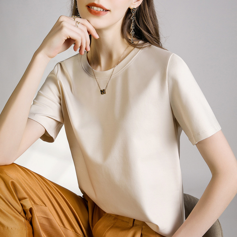 High-End Liquid Ammonia 80-Count Ice Silk Cotton Pure Cotton V-Neck Loose Short-Sleeve Women's T-Shirt with Regular Shoulders, Summer 2026 Half-Sleeve Top