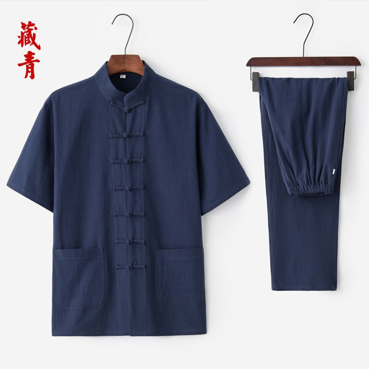 Trung Quốc Gió Tang ăn mặc của nam giới mùa hè ngắn tay D-Shirt Set Trung niên Zen ăn mặc Trà Vintage Housesuit Han-Men của