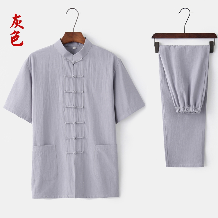 Trung Quốc Gió Tang ăn mặc của nam giới mùa hè ngắn tay D-Shirt Set Trung niên Zen ăn mặc Trà Vintage Housesuit Han-Men của