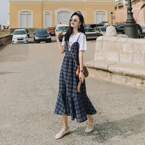  MAJE KARA PLAID suspender dress female summer 2021 fake two-piece suit new French thin skirt