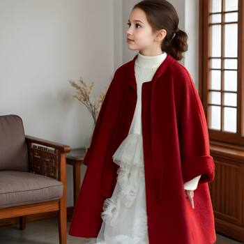 Red korean style double-sided woolen hooded coat for girls