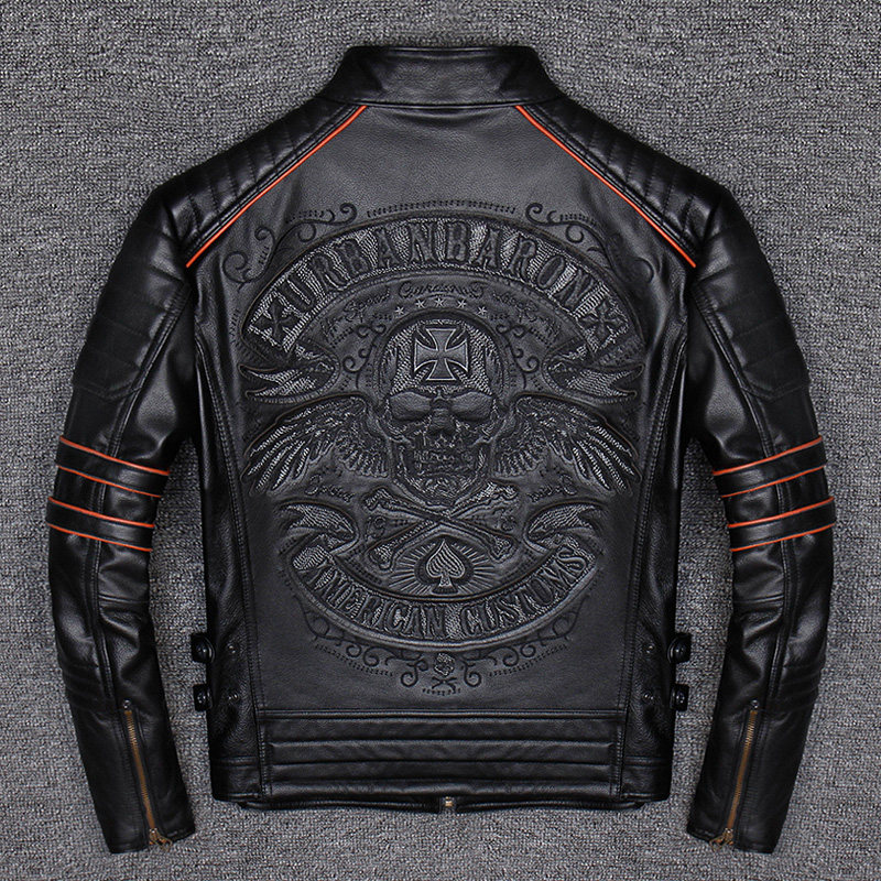 New Embroidered Skeleton Motorcycle Leather Jacket Leather Slim Leather Jacket Men's Cycling Motorcycle Jacket Leather Jacket
